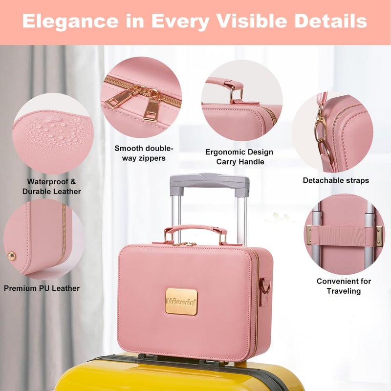 Mocado Travel Makeup Bag with LED Lighted Mirror,Makeup Case with 3 Color Lighted Setting and 10x Magnifying Mirror, Portable Storage and Adjustable Dividers (Pink with Hard Leather) - Image 3