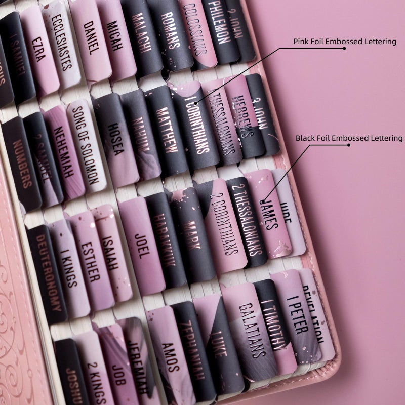 UPAFEXXI-Laminated Bible Tabs (Pink and Black Foil Embossed Lettering), Bible Tabs for Women and Men, Reposition Large Print Stickers, Easy to Read and Apply, 80Chapters Labels for Easy Navigation - Image 2