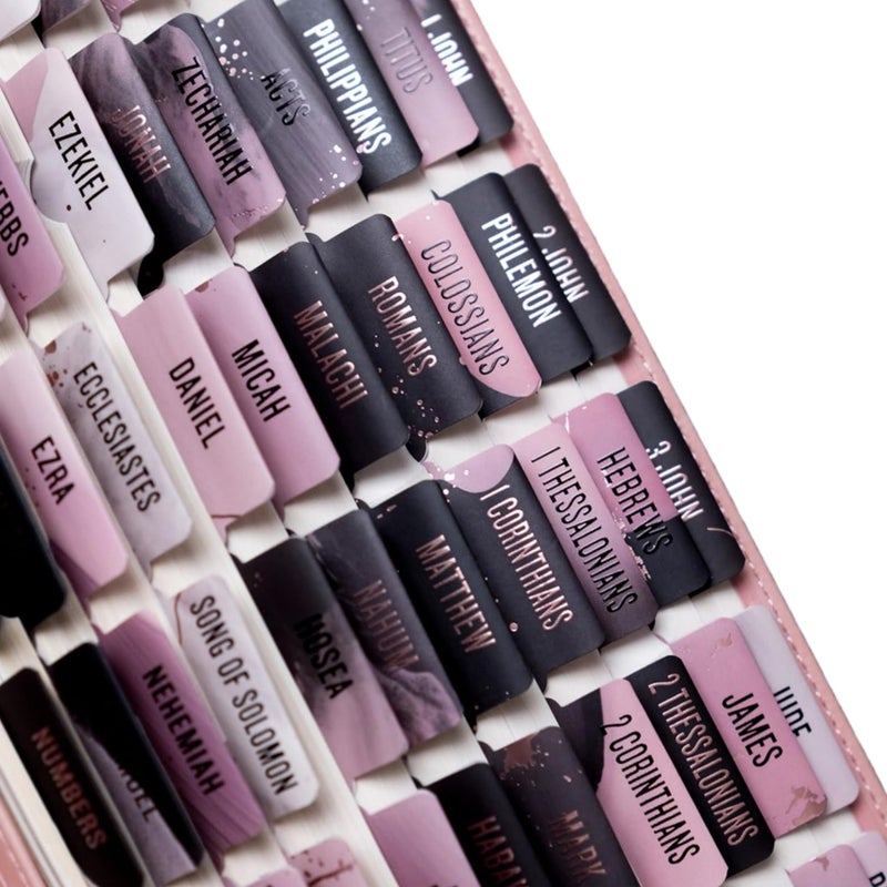 UPAFEXXI-Laminated Bible Tabs (Pink and Black Foil Embossed Lettering), Bible Tabs for Women and Men, Reposition Large Print Stickers, Easy to Read and Apply, 80Chapters Labels for Easy Navigation - Image 1