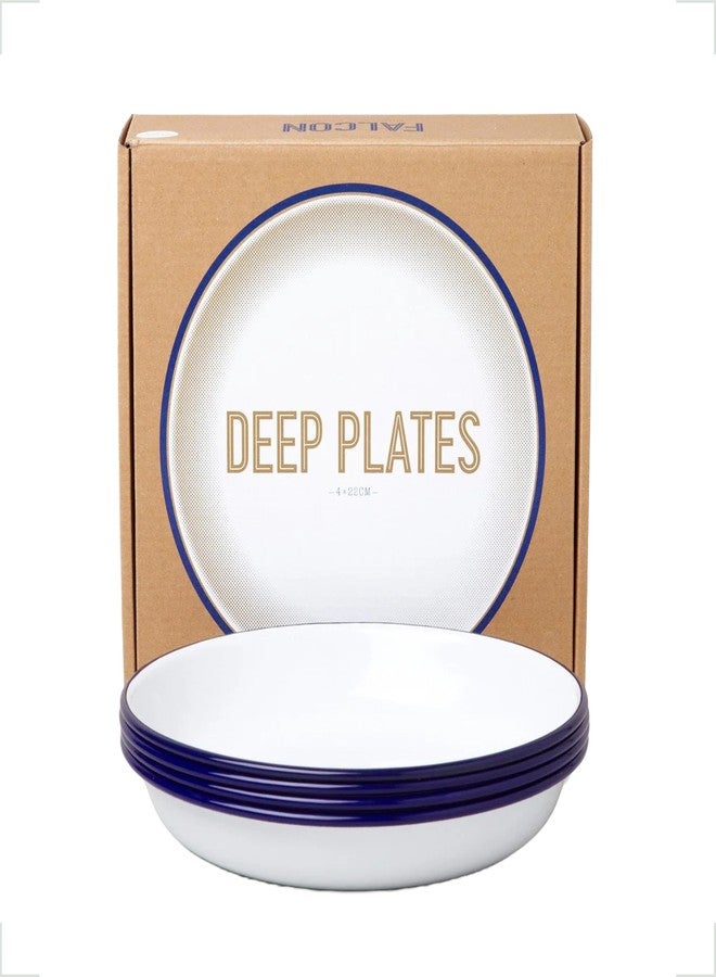Falcon Enamelware Deep Plates, 9" 4-Piece Enamel Plates, for Pasta & Fresh Salads, Non-Toxic, Dishwasher Safe & Freezer Friendly (White with Blue Rim) - Image 1