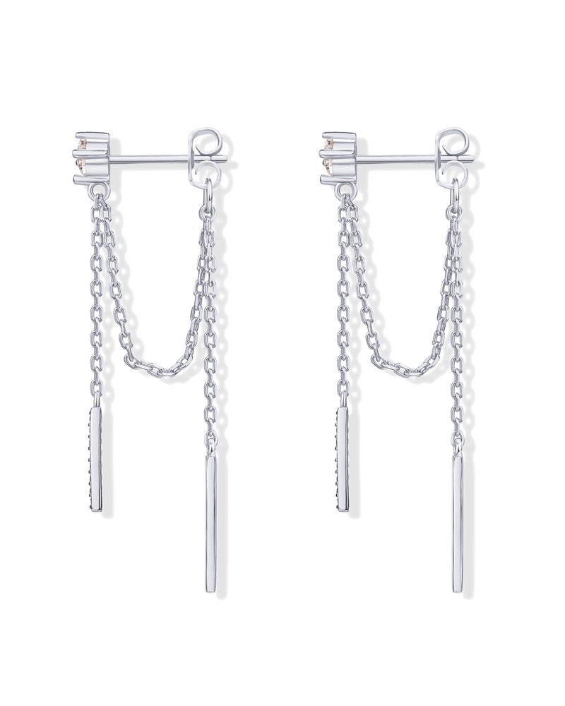 PAVOI Rhodium Plated Sterling Silver Posts Drop Dangle Chain Earrings for Women | Dangling Chain Studs | Cubic Zirconia Threader Earscapes Earrings - Image 3
