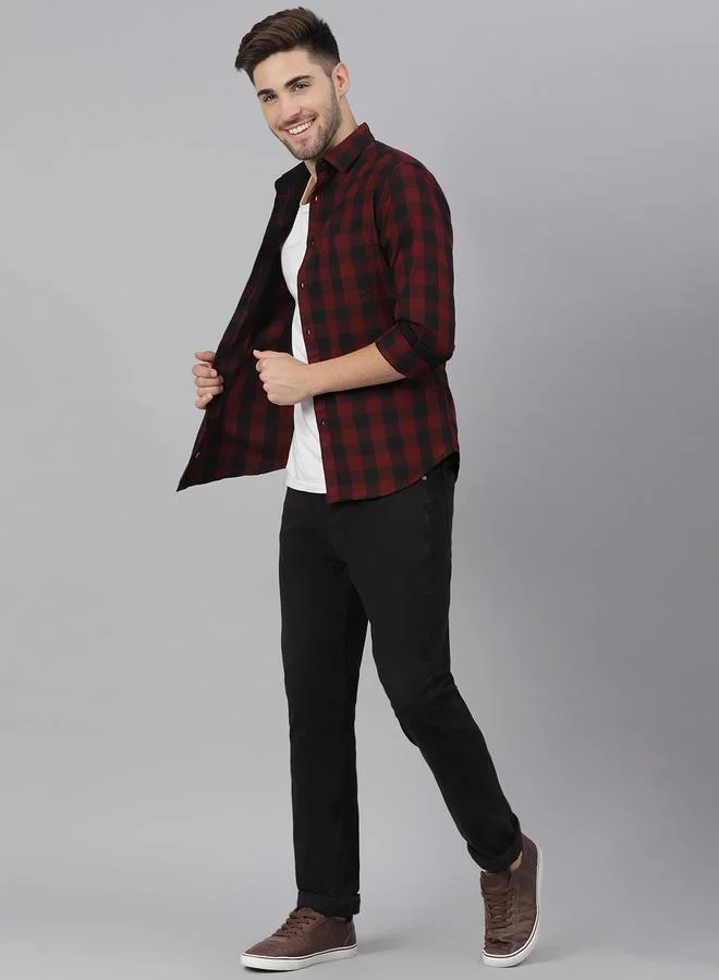 Dennis Lingo Slim Fit Maroon Men's Solid Shirt, Spread Collar, Full Sleeves, 100% Cotton