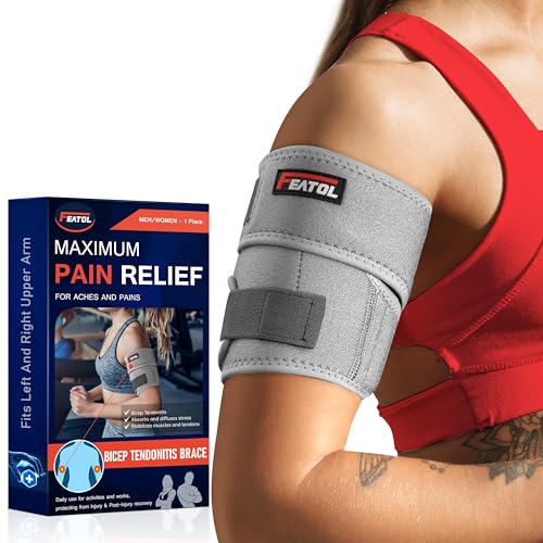 FEATOL Bicep Tendonitis Brace Compression Sleeve Support Upper Arm Brace Tricep Bicep Support Bands for Men and Women Arm Wrap Pain Relief for Muscle Strains and InflammationGray Large
