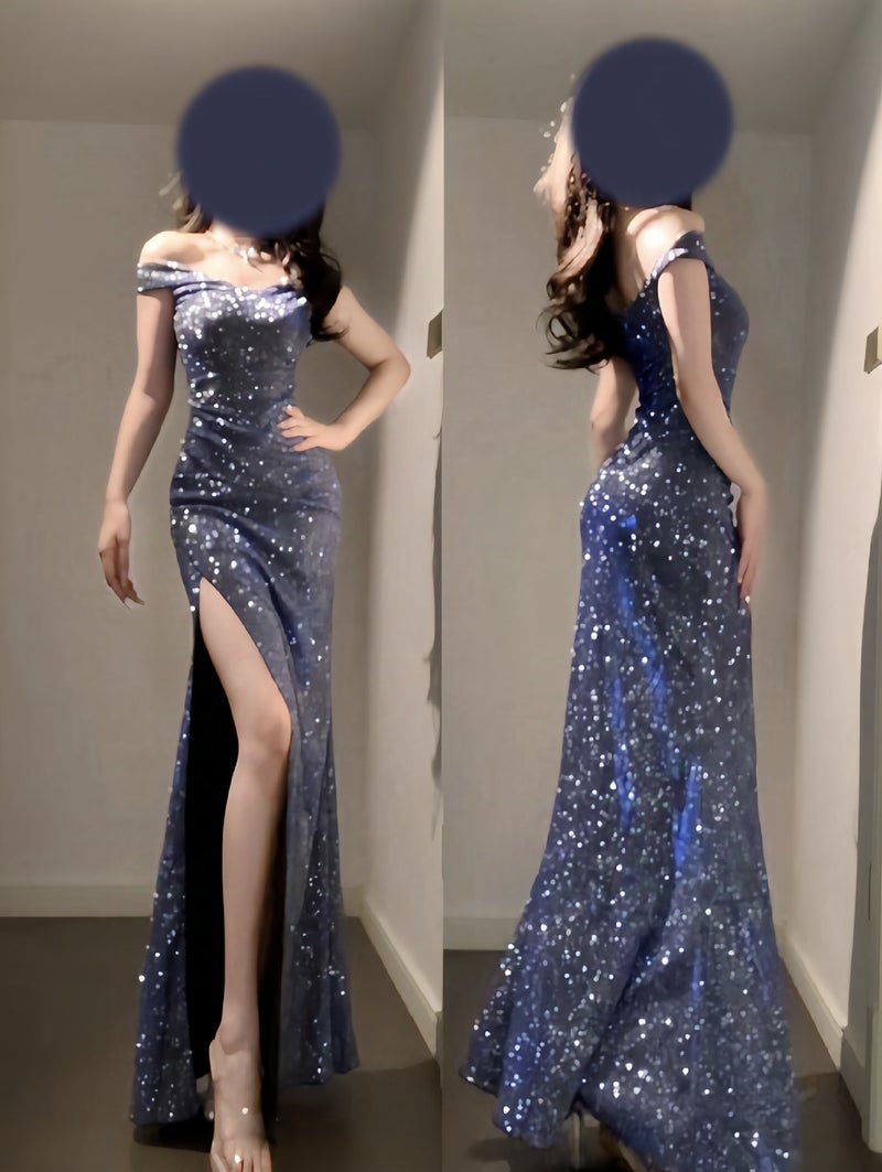 فستان طويل أنيق بفتحة ذيل السمكة مع لمسة من اللمعان الأزرق للشعور بالنبل في حفلات عيد الميلاد والاحتفالات للبالغين - Image 3