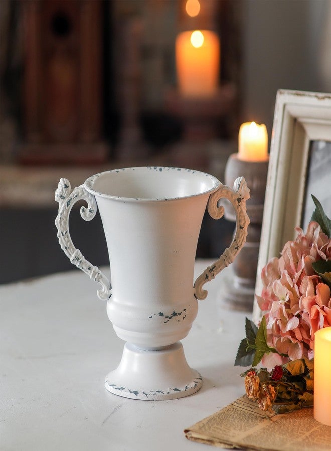 SOFE Distressed White Metal Vase, Decorative Rustic Flower Vase for Wedding Home Decor, 7 Inch Tall Small Urn Planter, Ideal Shelf Decor, Living Room Kitchen Office Table Centerpieces - Image 1