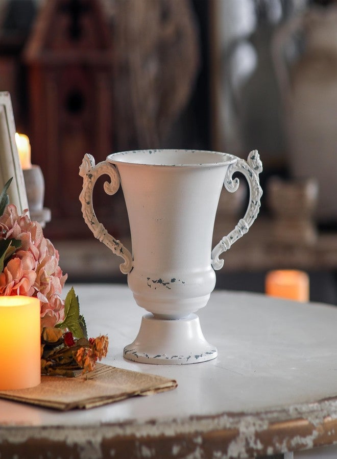 SOFE Distressed White Metal Vase, Decorative Rustic Flower Vase for Wedding Home Decor, 7 Inch Tall Small Urn Planter, Ideal Shelf Decor, Living Room Kitchen Office Table Centerpieces - Image 3
