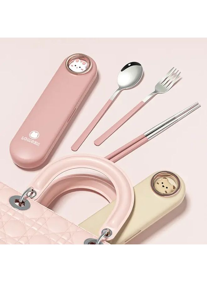 Cream Portable Stainless Steel Fork Spoon Chopsticks Set with Storage Box - Image 2