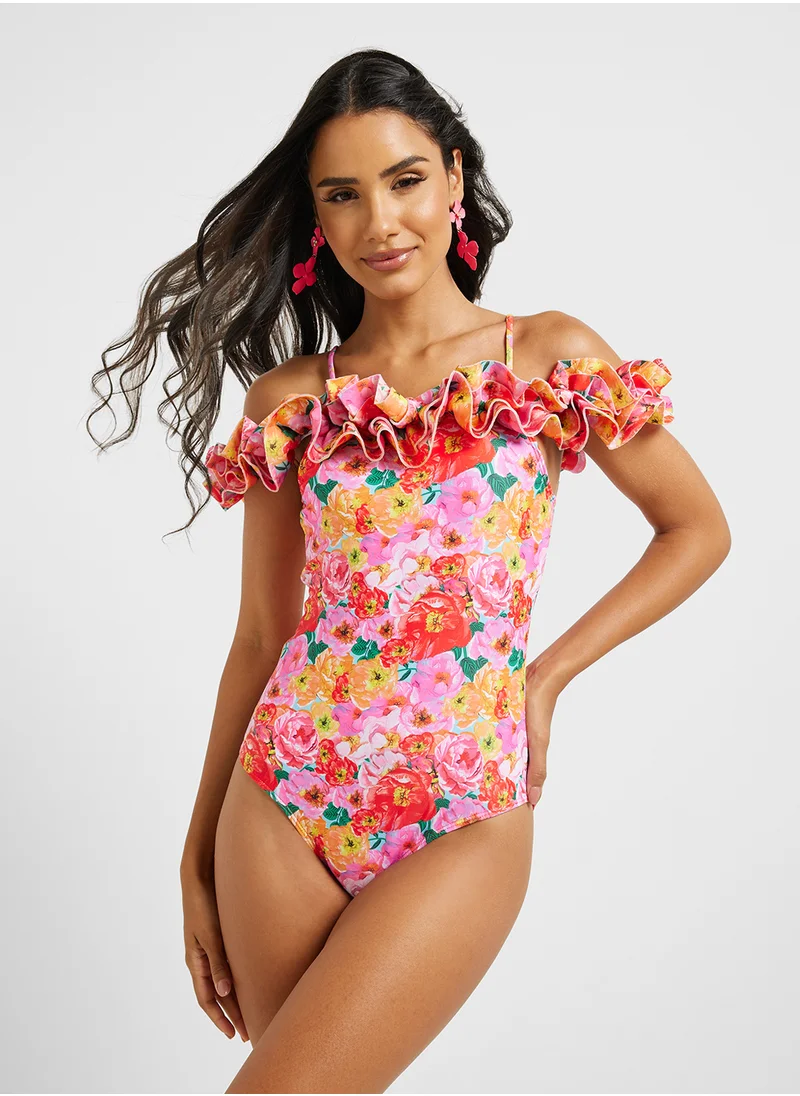 ELLA Ruffle Shoulder Swimsuit With Ruffled Beach Sarong