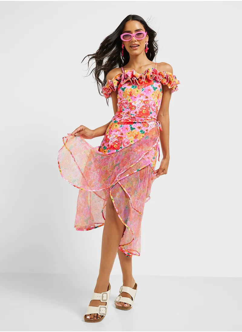 ELLA Ruffle Shoulder Swimsuit With Ruffled Beach Sarong
