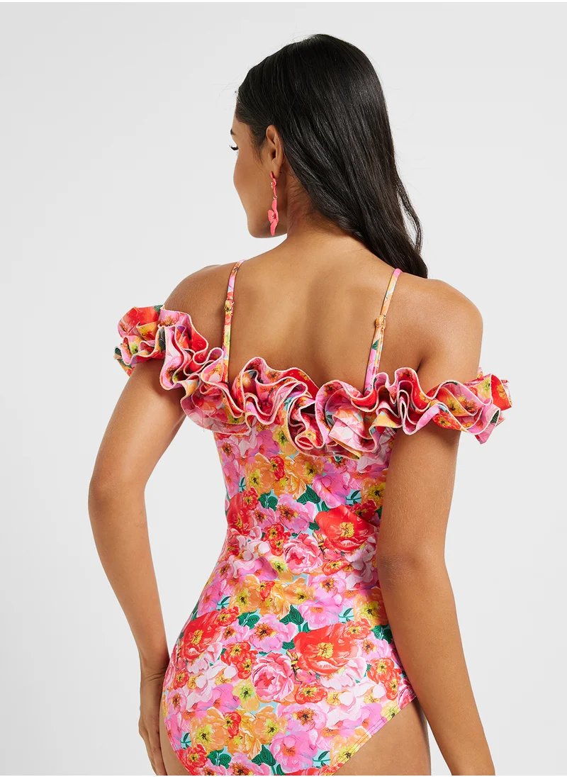 ايلا Ruffle Shoulder Swimsuit With Ruffled Beach Sarong