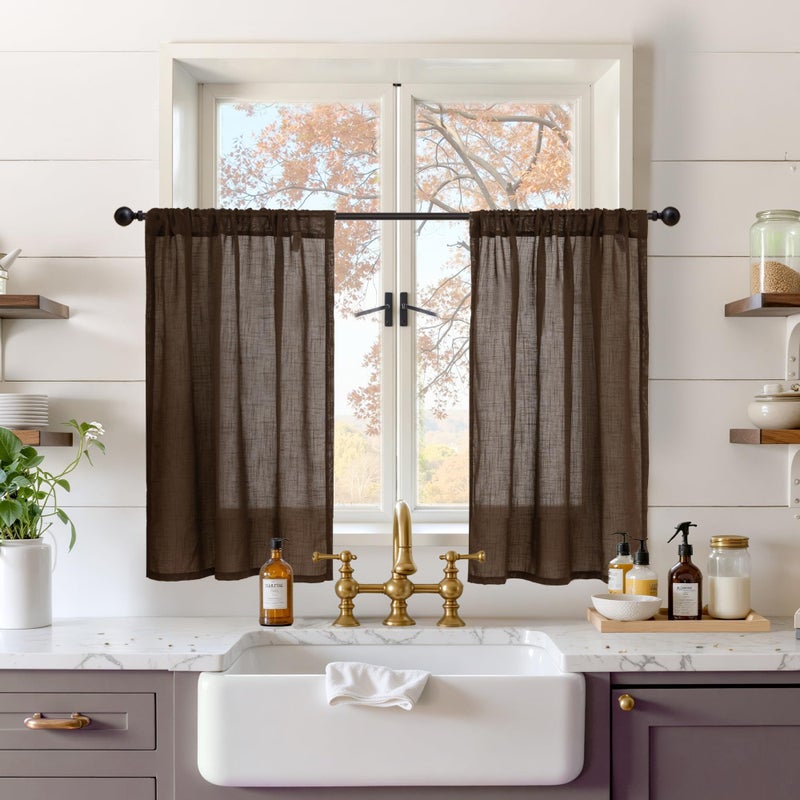 BGment Brown Linen Short Curtains 36 Inch Length for Window, Small Sheer Drapes for Kitchen Cafe Over Sink Bathroom Decor Lightweight Rustic Country Textured Rod Pocket, 2 Panels, Each 30 Inch Wide - Image 1
