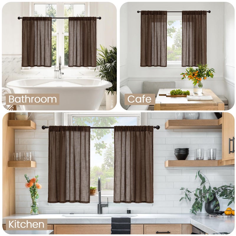BGment Brown Linen Short Curtains 36 Inch Length for Window, Small Sheer Drapes for Kitchen Cafe Over Sink Bathroom Decor Lightweight Rustic Country Textured Rod Pocket, 2 Panels, Each 30 Inch Wide - Image 2