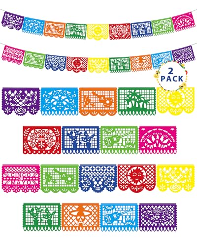 Heartome 36 FT Cinco De Mayo Decorations 2 Pack Mexican Party Banner Plastic Fiesta Banner Colorful Papel Picado Hanging Banner String Flags Mexican Theme Party Dia De Los Muertos Day of the Dead Decor - Image 1