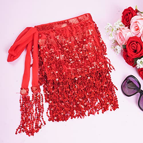SUMERSHA Belly Dance Hip Scarf Sequin Tassel Performance Outfits Sparkly Fringe Skirt Wrap Halloween Costume Party Festival Rave Skirt for Women and Girls, Red - Image 4