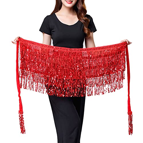 SUMERSHA Belly Dance Hip Scarf Sequin Tassel Performance Outfits Sparkly Fringe Skirt Wrap Halloween Costume Party Festival Rave Skirt for Women and Girls, Red - Image 5