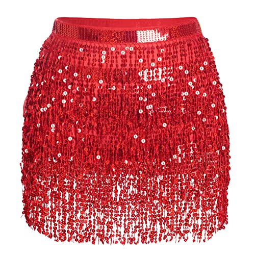 SUMERSHA Belly Dance Hip Scarf Sequin Tassel Performance Outfits Sparkly Fringe Skirt Wrap Halloween Costume Party Festival Rave Skirt for Women and Girls, Red - Image 1
