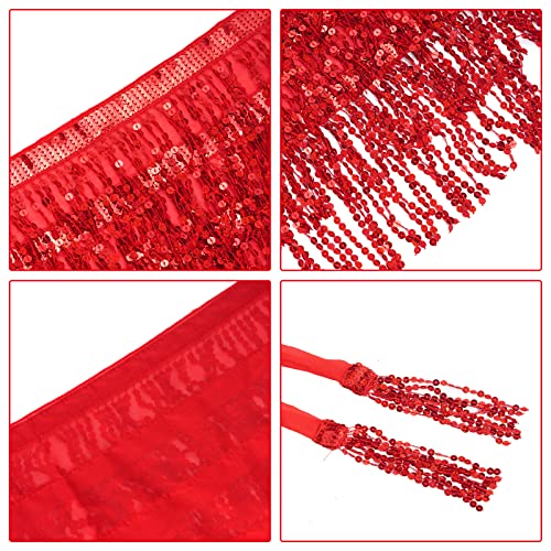 SUMERSHA Belly Dance Hip Scarf Sequin Tassel Performance Outfits Sparkly Fringe Skirt Wrap Halloween Costume Party Festival Rave Skirt for Women and Girls, Red - Image 3