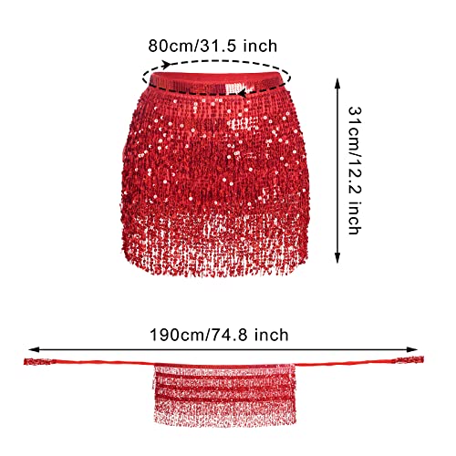 SUMERSHA Belly Dance Hip Scarf Sequin Tassel Performance Outfits Sparkly Fringe Skirt Wrap Halloween Costume Party Festival Rave Skirt for Women and Girls, Red - Image 2