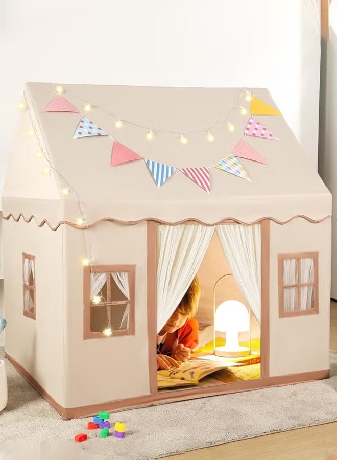 Large Kids Tent Playhouse Basic Mat with Star Lights, Flags and Tote Bags, Kids Play Tent Indoor & Outdoor, Washable Tent for Boys & Girls, Kids Play House for Toddler, Neutral Color - Image 1