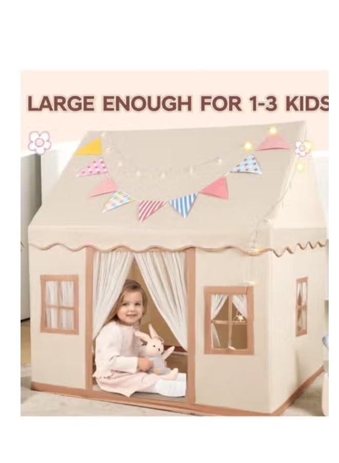 Large Kids Tent Playhouse Basic Mat with Star Lights, Flags and Tote Bags, Kids Play Tent Indoor & Outdoor, Washable Tent for Boys & Girls, Kids Play House for Toddler, Neutral Color - Image 3