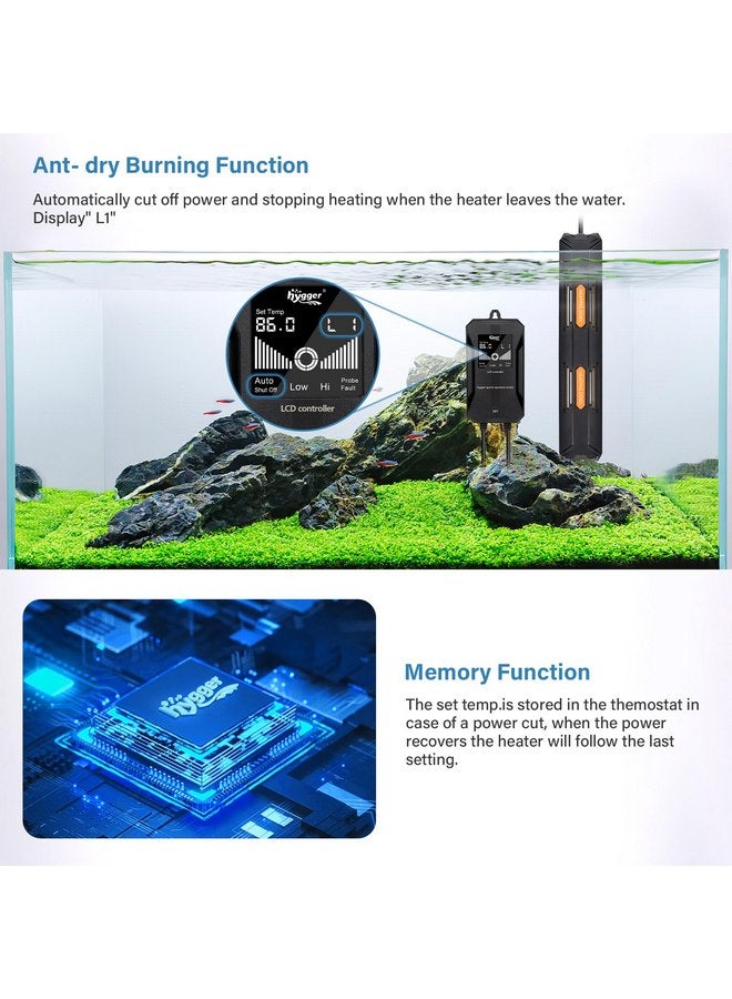 هايغر سخان حوض السمك hygger، سخان حوض السمك القابل للغمر بقوة 100 واط/200 واط/300 واط/500 واط/800 واط مع حماية من ارتفاع درجة الحرارة وإيقاف تشغيل تلقائي لسخان الأسماك مع وحدة تحكم رقمية للمياه العذبة والمياه المالحة - Image 2