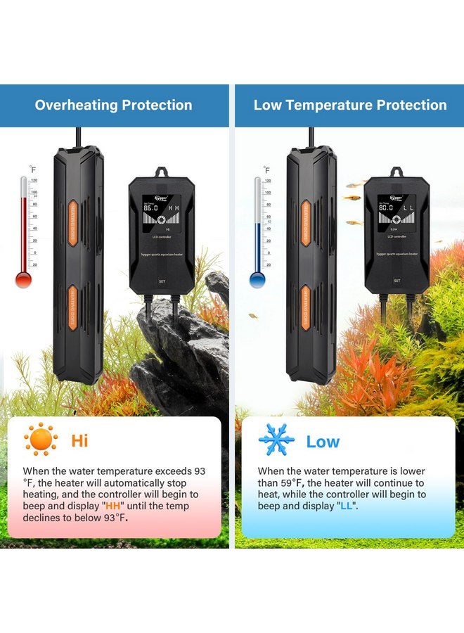 هايغر سخان حوض السمك hygger، سخان حوض السمك القابل للغمر بقوة 100 واط/200 واط/300 واط/500 واط/800 واط مع حماية من ارتفاع درجة الحرارة وإيقاف تشغيل تلقائي لسخان الأسماك مع وحدة تحكم رقمية للمياه العذبة والمياه المالحة - Image 3