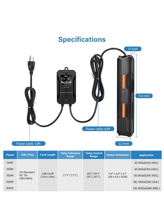 هايغر سخان حوض السمك hygger، سخان حوض السمك القابل للغمر بقوة 100 واط/200 واط/300 واط/500 واط/800 واط مع حماية من ارتفاع درجة الحرارة وإيقاف تشغيل تلقائي لسخان الأسماك مع وحدة تحكم رقمية للمياه العذبة والمياه المالحة - Image 5
