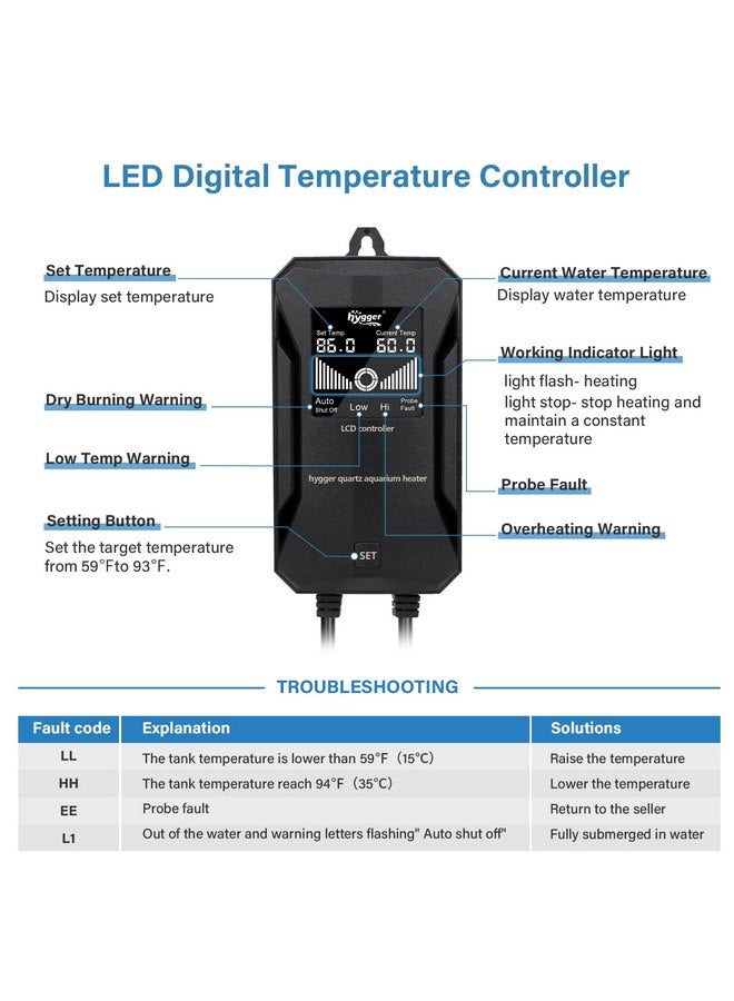 هايغر سخان حوض السمك hygger، سخان حوض السمك القابل للغمر بقوة 100 واط/200 واط/300 واط/500 واط/800 واط مع حماية من ارتفاع درجة الحرارة وإيقاف تشغيل تلقائي لسخان الأسماك مع وحدة تحكم رقمية للمياه العذبة والمياه المالحة - Image 4