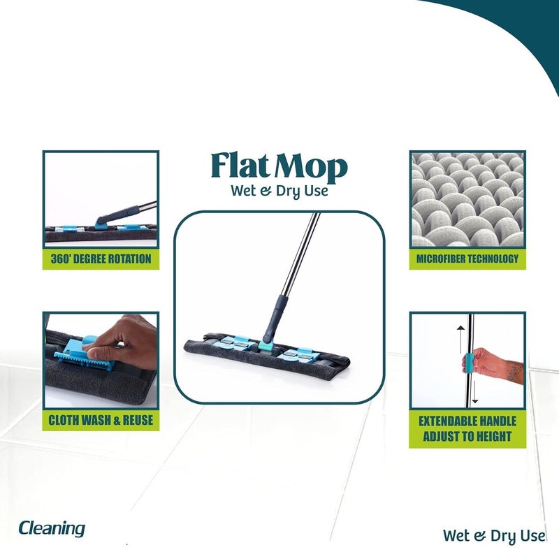 Sukhrup Microfibre Flat with Adjustable Long Handle Grip, Washable Reusable Cleaning Clip Pad for Floors Cleaning Wet Dry Kitchen for Floor Tile Marble Marble, Blue and Grey - Image 2
