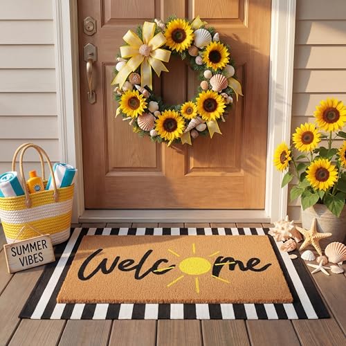 Tinideya 2 Pcs Door Mat Welcome Non Slip Coir Mats Floor Layering Doormats Seasonal for Front Porch Entryway DecorGolden Sun - Image 1