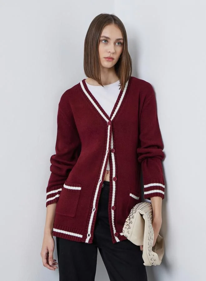 Styli Burgundy Regular Fit Striped Buttoned Cardigan
