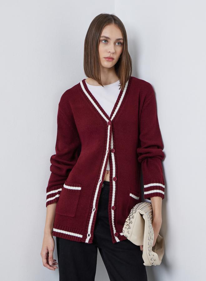 Styli Burgundy Regular Fit Striped Buttoned Cardigan - Image 1