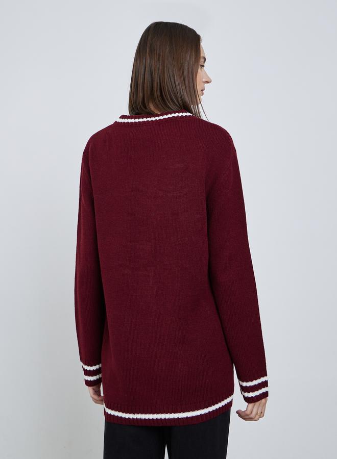 Styli Burgundy Regular Fit Striped Buttoned Cardigan - Image 4