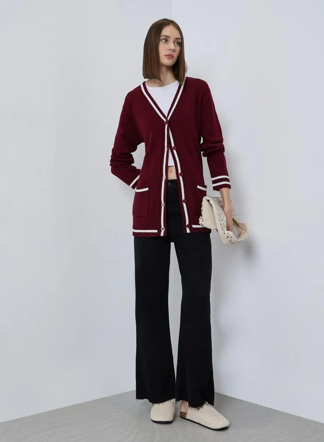Styli Styli Burgundy Regular Fit Striped Buttoned Cardigan