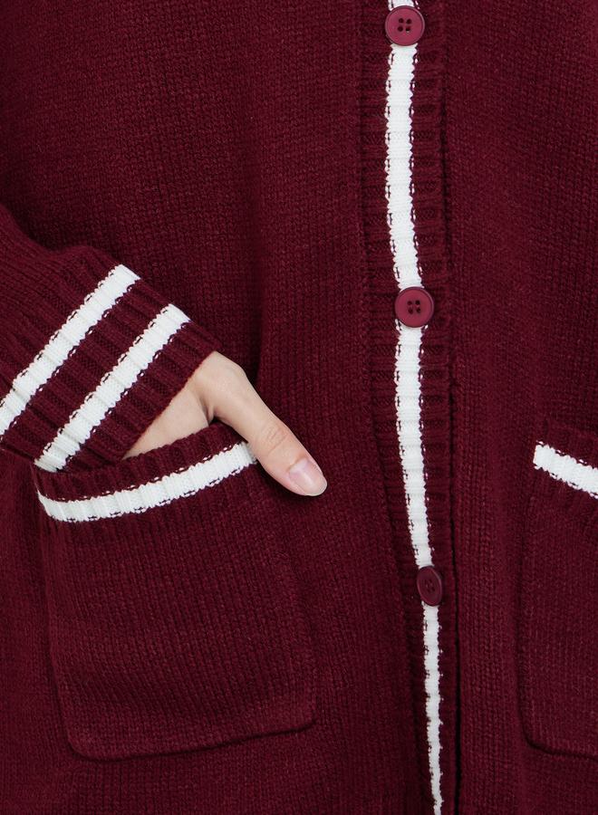 Styli Burgundy Regular Fit Striped Buttoned Cardigan - Image 3