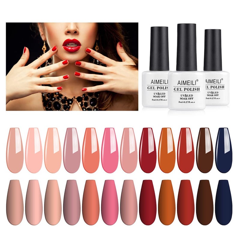AIMEILI Soak Off U V LED Hema Free Fall Gel Nail Polish Set for Halloween Nail Art Gifts, Cruelty Free, Vegan, Wine Brown Neutral Gel Nail Polish Set Of 12pcs - Kit Set 4 - Image 1