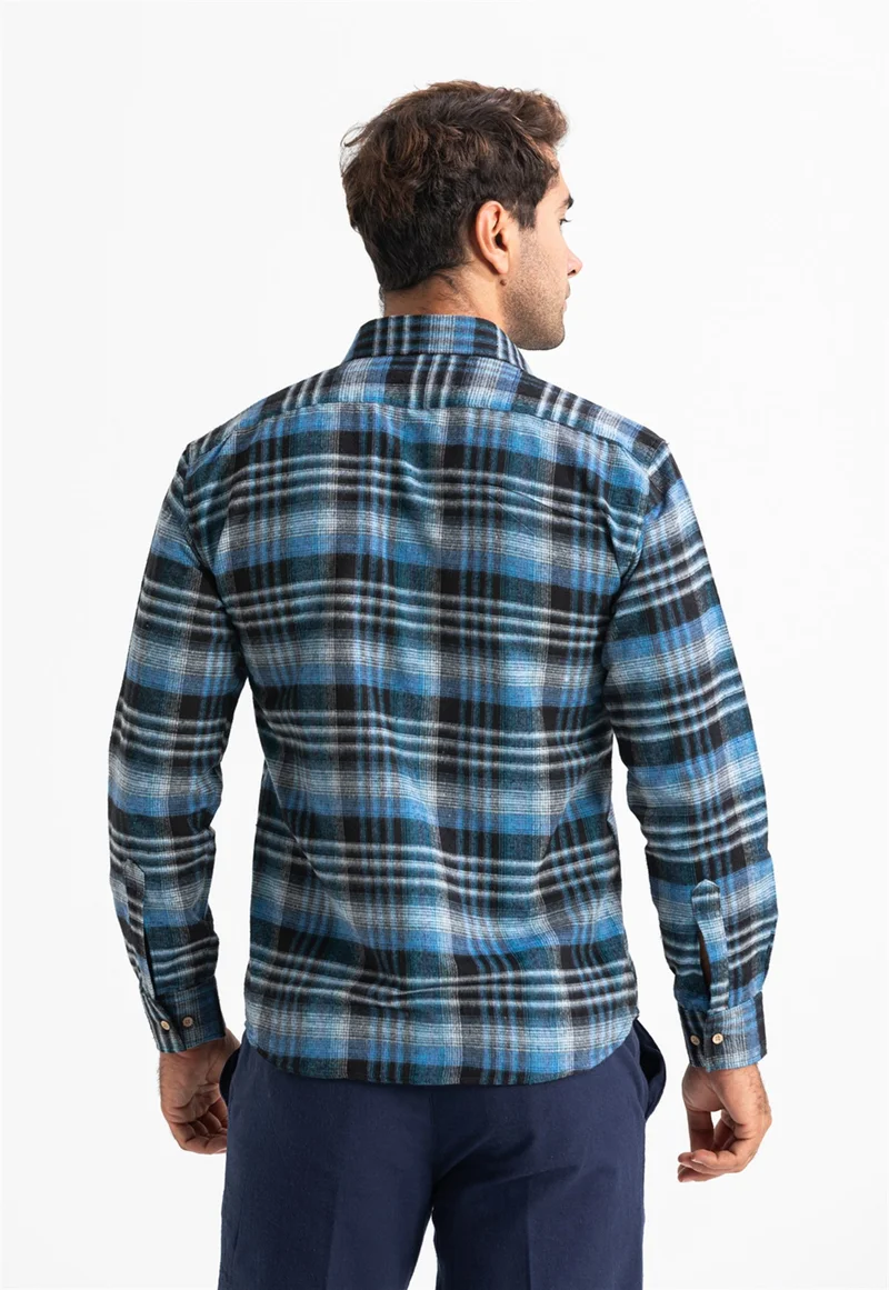 اليش شيل بيزي Long Sleeve Flannel Single Pocket Lumberjack Men's Shirt Black Blue Plaid 4019