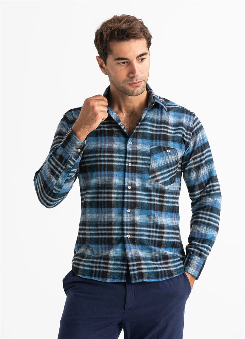 اليش شيل بيزي Long Sleeve Flannel Single Pocket Lumberjack Men's Shirt Black Blue Plaid 4019