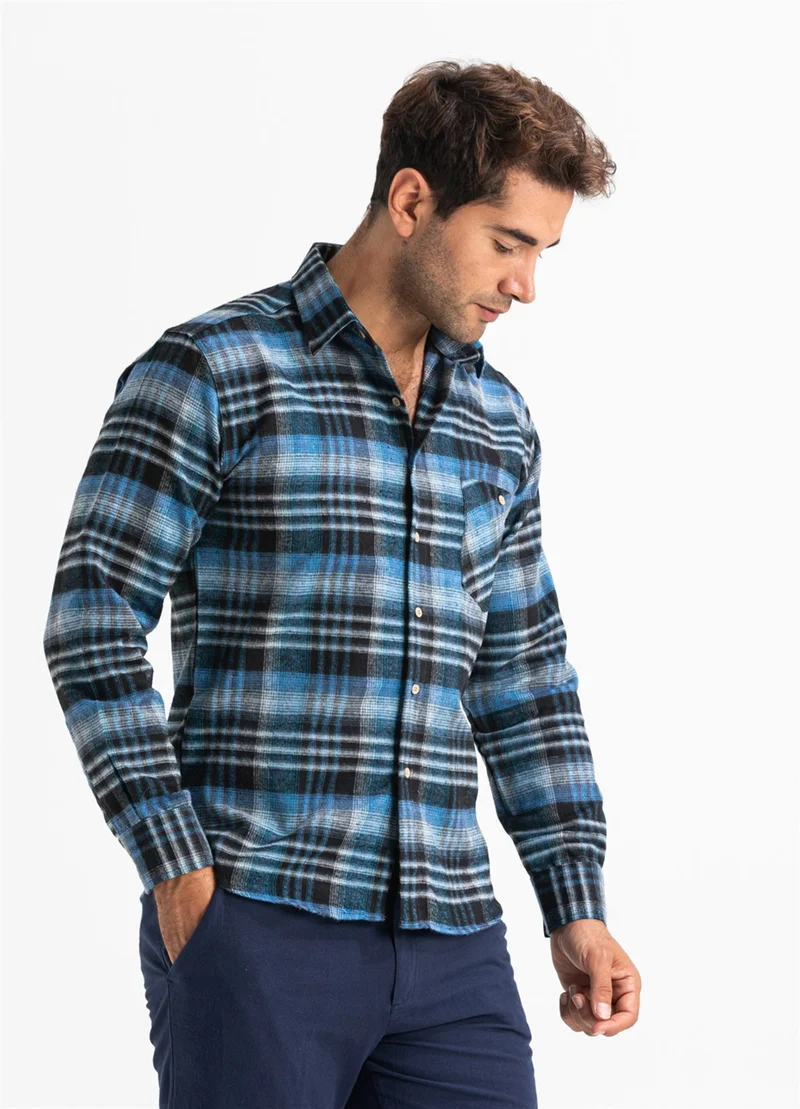 اليش شيل بيزي Long Sleeve Flannel Single Pocket Lumberjack Men's Shirt Black Blue Plaid 4019