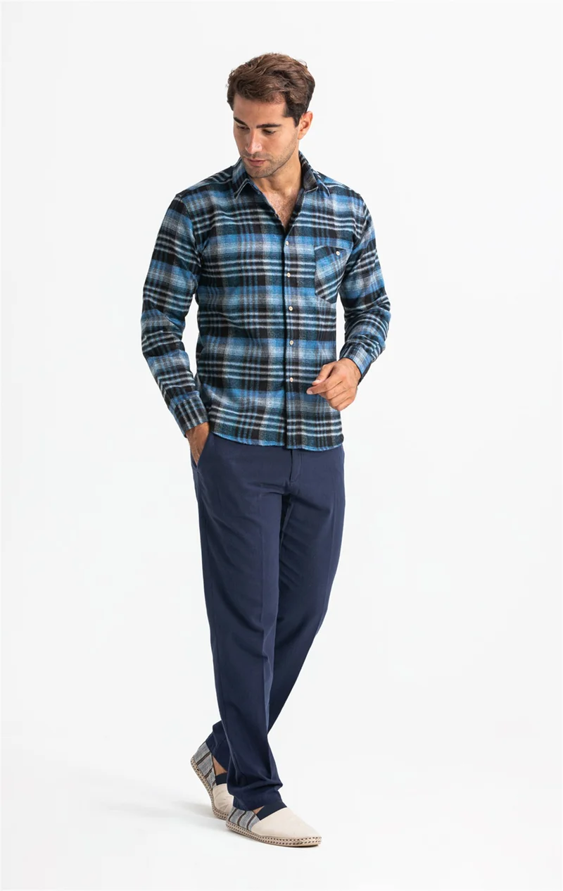 اليش شيل بيزي Long Sleeve Flannel Single Pocket Lumberjack Men's Shirt Black Blue Plaid 4019
