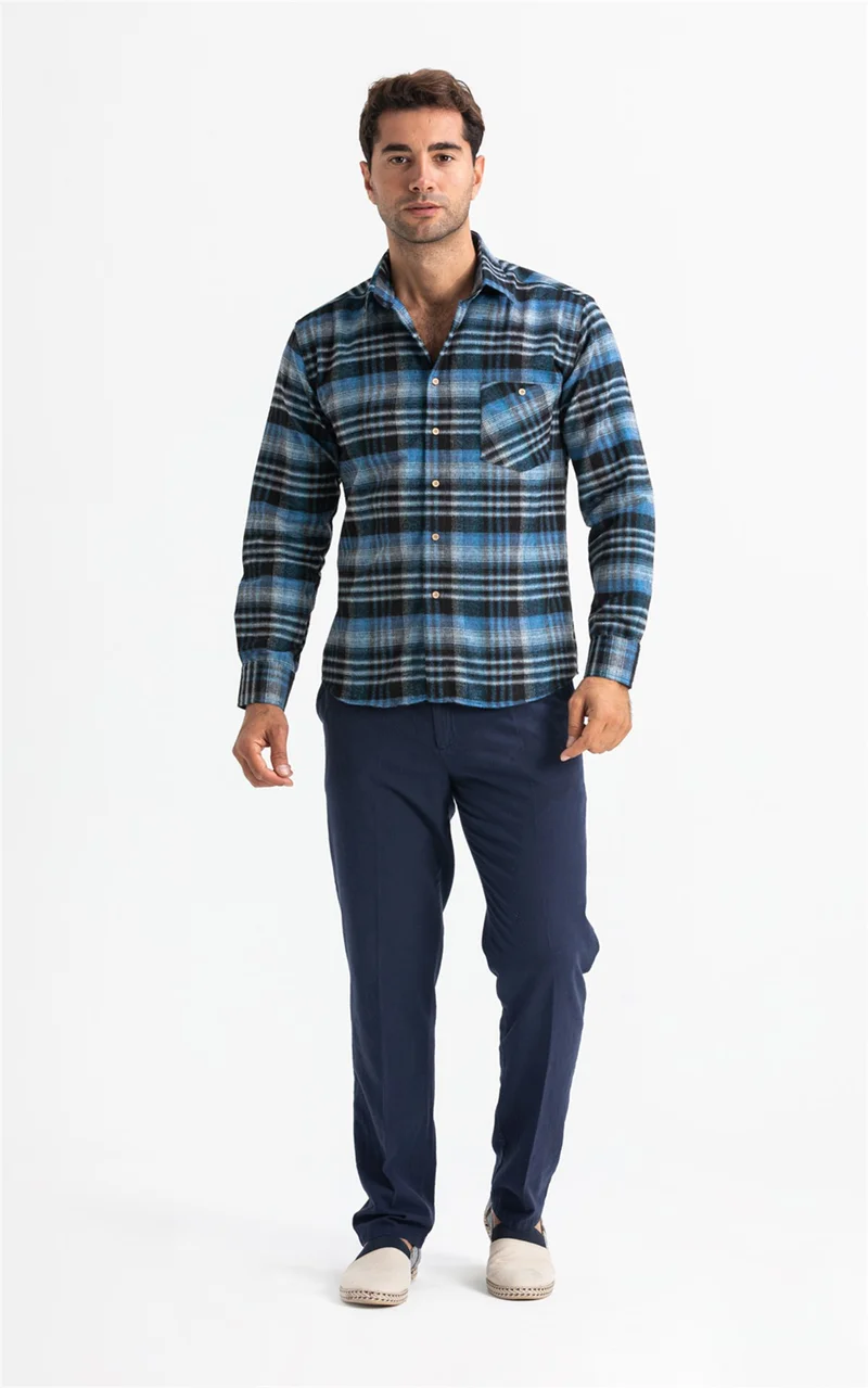اليش شيل بيزي Long Sleeve Flannel Single Pocket Lumberjack Men's Shirt Black Blue Plaid 4019