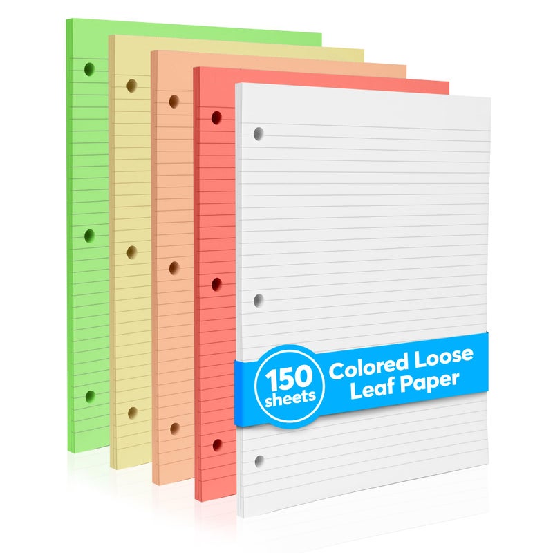 Manaloom Colored Notebook Paper â€“ 8.5 x 11, 150 Sheets â€“ Thick 80 gsm College Ruled Colorful Loose Leaf Filler Paper â€“ 3-Hole Punched Binder Papers for School, Office, and Journaling (Bright) - Image 1