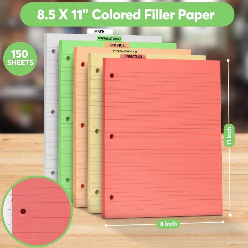 Manaloom Colored Notebook Paper â€“ 8.5 x 11, 150 Sheets â€“ Thick 80 gsm College Ruled Colorful Loose Leaf Filler Paper â€“ 3-Hole Punched Binder Papers for School, Office, and Journaling (Bright) - Image 2
