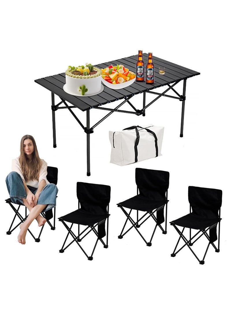 Organized Home Adjustable Portable Camping Picnic Aluminum Family Table with 4 Chairs Set and Large Storage for Outdoor Travel Garden BBQ Beach Party with Carrying Storage Bag - Image 1