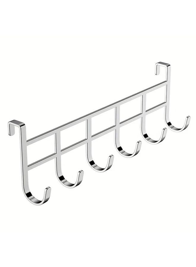Silvery No Drill Over The Door Hook Rack Heavy Duty Metal Hanger With 6 Hooks - Image 1