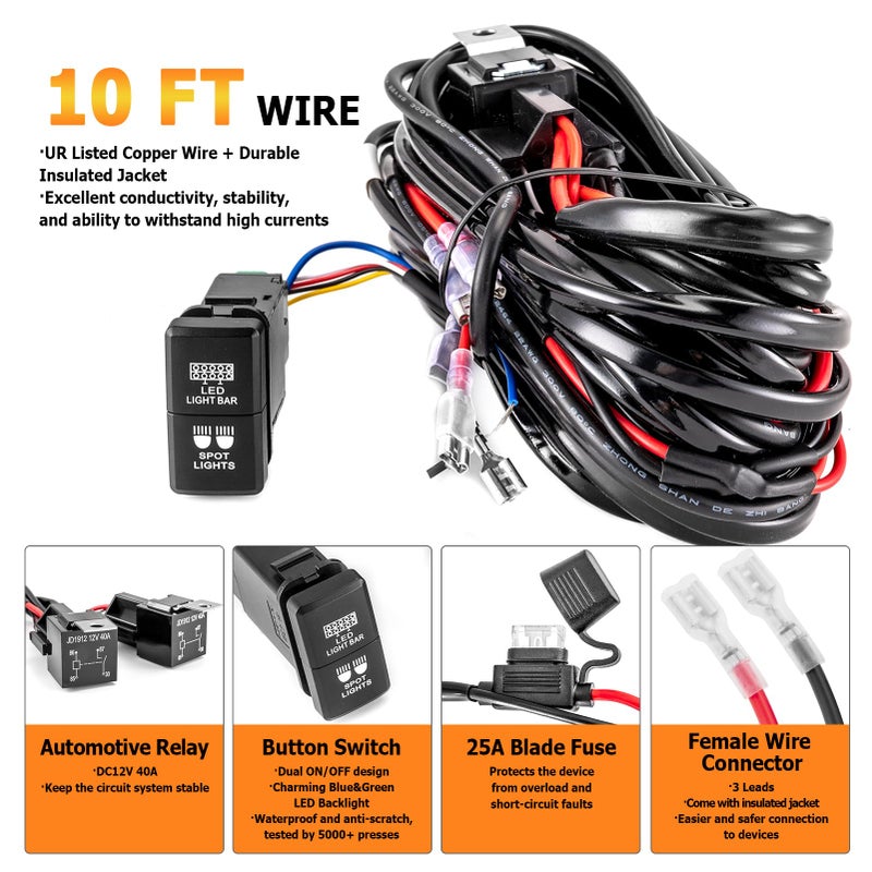 WeiSen 3-Lead LED Wiring Harness kit Light Bar Switch & Spot Light Compatible with Toyota Tacoma Tundra 4Runner RAV4 Highlande with Dual Switch Tall Style 1.28â€³x 0.87â€³(38mm x 22mm) - Image 3