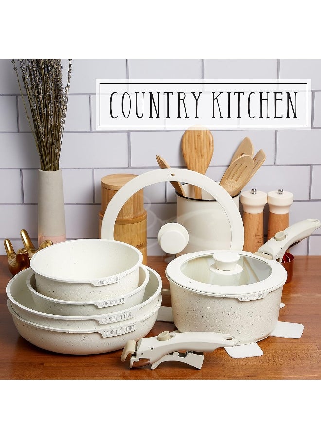 Country Kitchen  13 Piece Pots And Pans Set - Safe Nonstick Cookware Set Detachable Handle, Kitchen Cookware With Removable Handle, Rv Cookware Set, Oven Safe (Cream)
