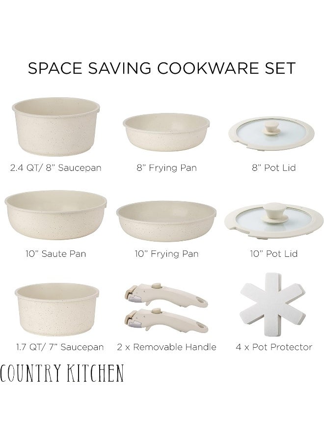 Country Kitchen  13 Piece Pots And Pans Set - Safe Nonstick Cookware Set Detachable Handle, Kitchen Cookware With Removable Handle, Rv Cookware Set, Oven Safe (Cream)