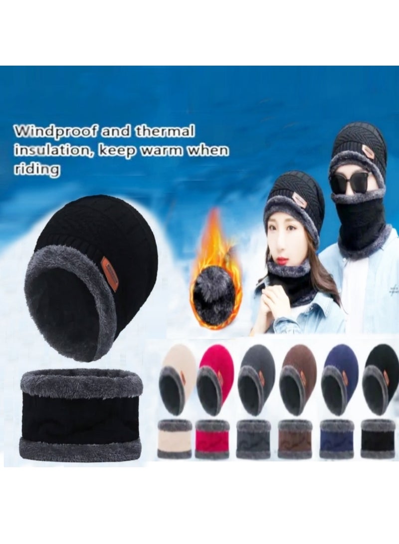 Set of Beanie Hat and Scarf , Warm Knit Hat Thick Fleece Lined Winter Cap with Neck Warmer  - Image 1