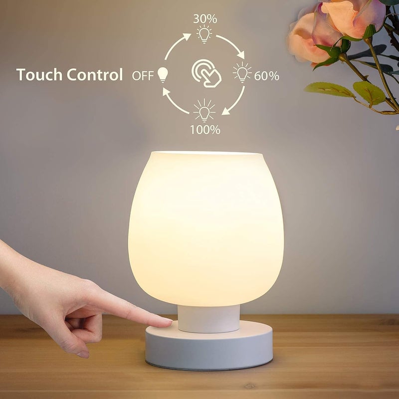 ONEWISH Small Bedside Lamp for Bedroom, 3-Way Dimmable Touch Control, 600 Lumen Bright Opal Glass Shade, 7.5 Inch Ultra Compact Nightstand Lamp, Warm White 2700K LED Bulb Included, Modern Design - Image 2